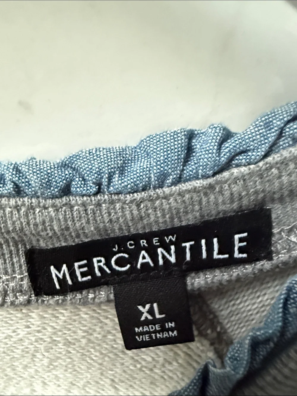 J. Crew Light Gray Crewneck Sweatshirt with Frayed Chambray Collar